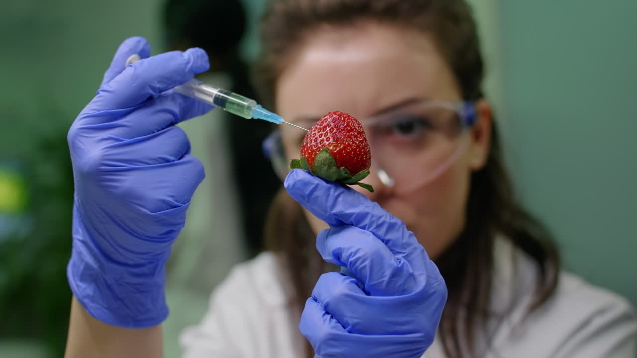 Closeup of chemist woman injecting organic strawberry with chemical pesticides