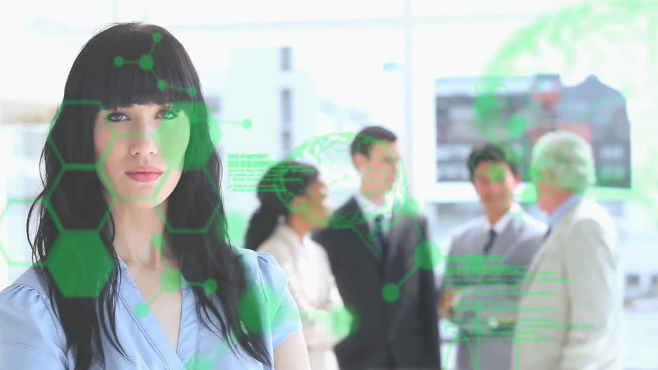 Using digital interface animation, woman with diverse group discussing in background