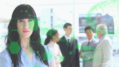 using digital interface animation, woman with diverse group discussing in background