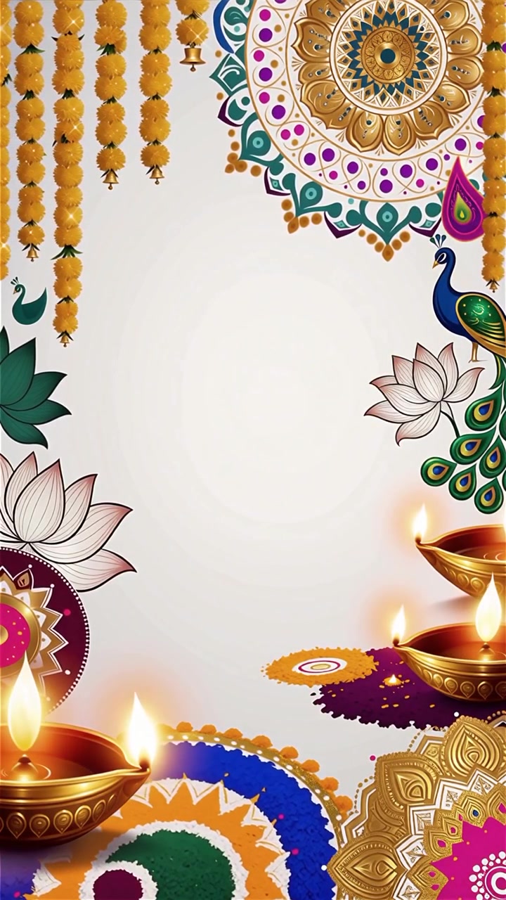 Sfondo Diwali con Diyas luminosi, Rangoli e fiori di loto
