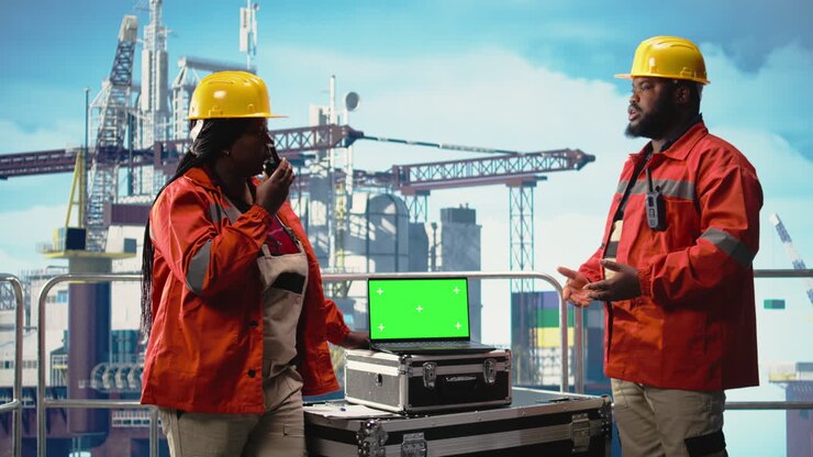 Vertical video Isolated screen laptop used by drilling rig crew colleagues holding radio device