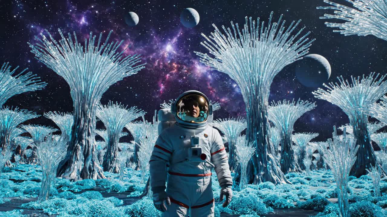 Astronaut udforsker en krystalplanet