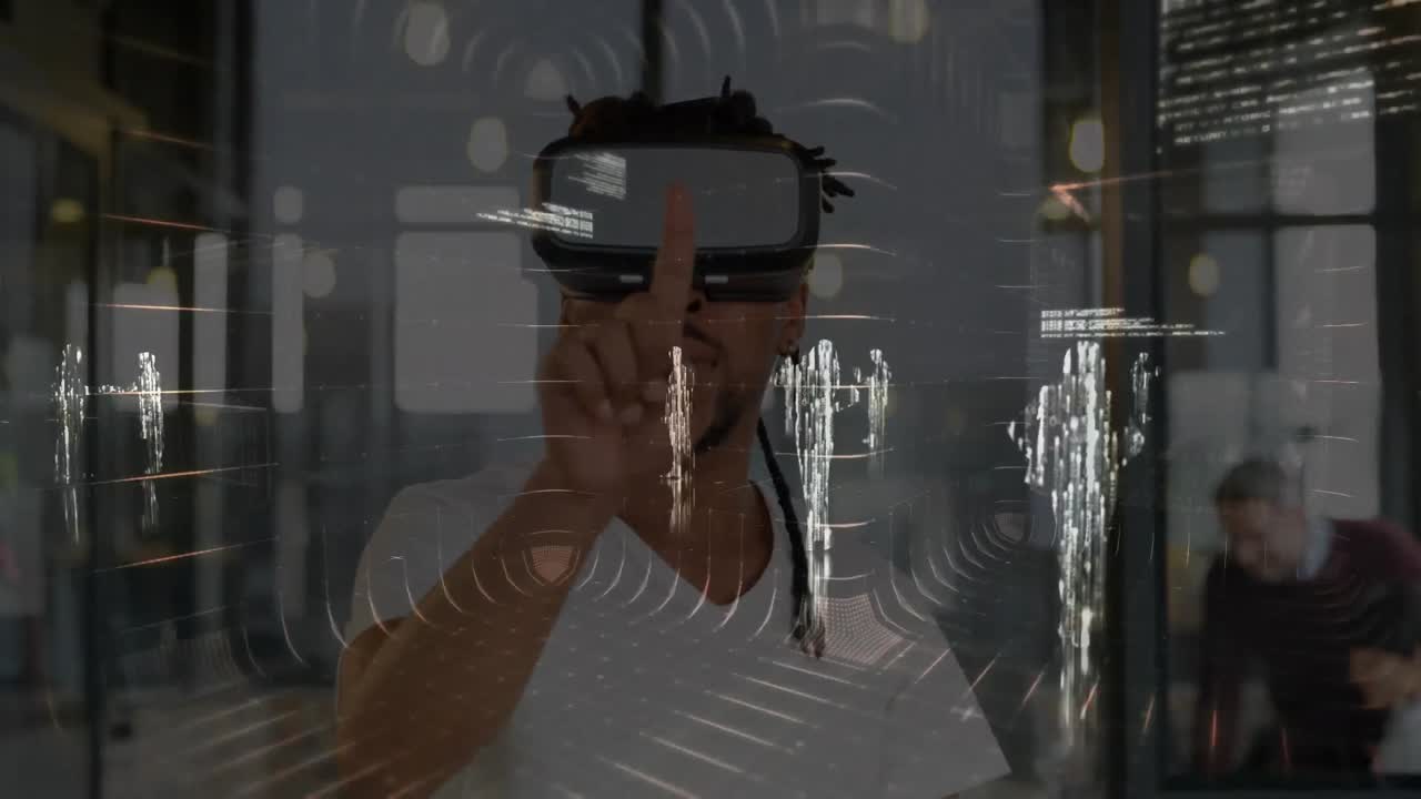 Animation of financial data processing over businessman using vr headset