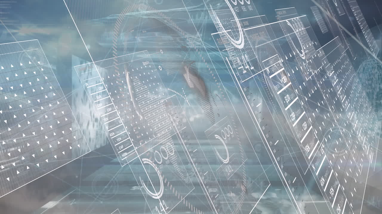 Animation of data processing and network of connections on black background