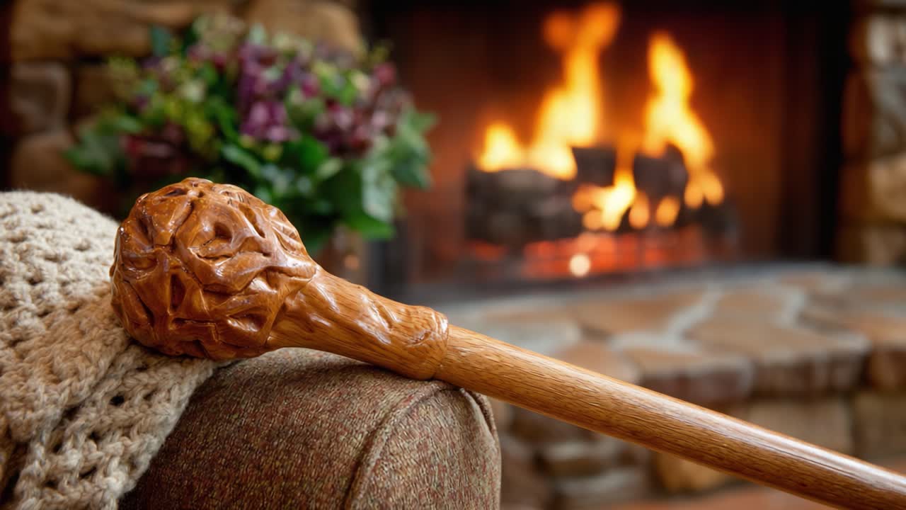 A Cozy Evening with a Beautifully Crafted Wooden Walking Stick Resting Comfortably on a Couch Near a Warm Fireplace, Creating a Relaxing Atmosphere
