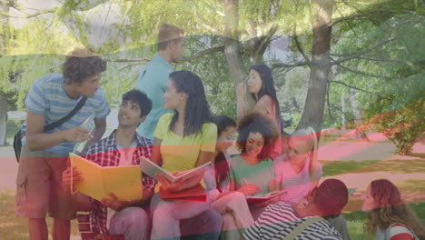 studying outdoors, group of diverse students with  russian flag animation in background