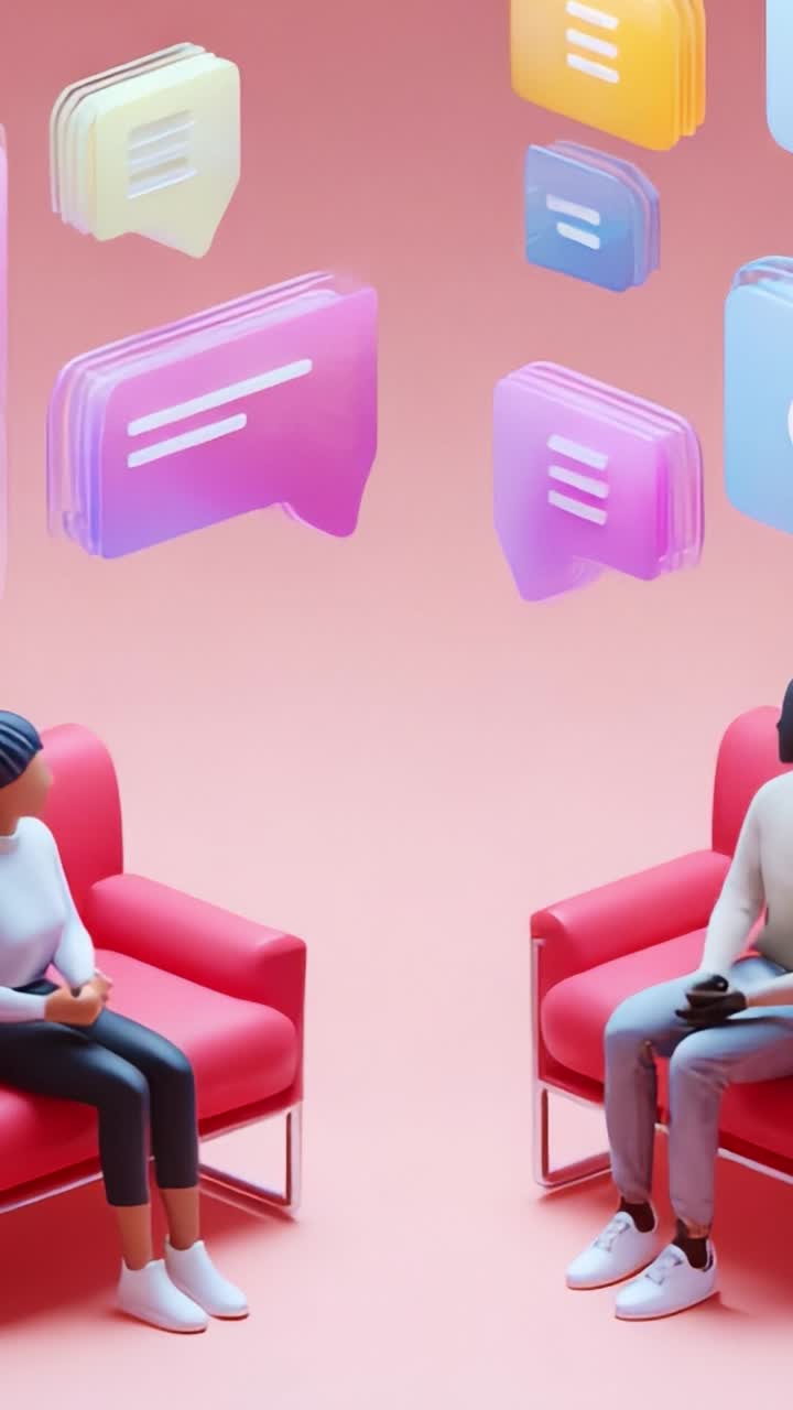 To karakterer engasjerer seg i livlig kommunikasjon, avbildet gjennom fargerike meldingsikoner i en moderne setting med stilige rosa stoler, som symboliserer dialog og interaksjon