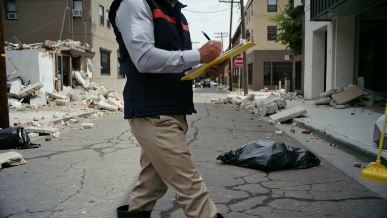 Ispettore in gilet che cammina ed entra da sinistra, che scrive una valutazione su un portablocco giallo su una strada crepata.