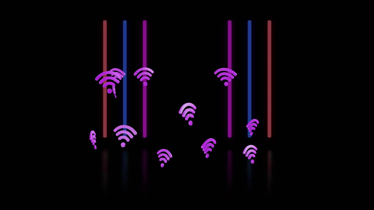 animación de iconos wifi y senderos de luz de neón en fondo negro