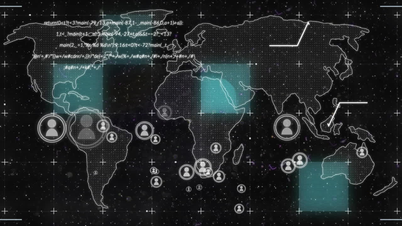 animación de senderos de luz e íconos de perfil sobre el mapa del mundo y procesamiento de datos sobre fondo negro.