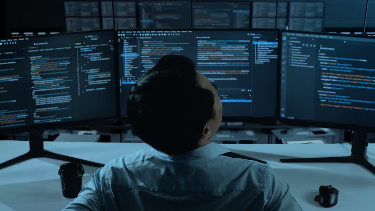 Programmer focused on code at night