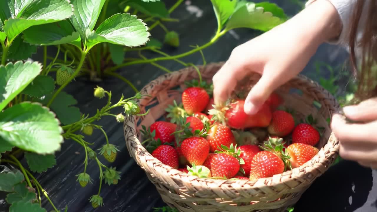 Harvesting Fresh Strawberries: A Delightful Pair of Frames Showing the Joy of Picking Juicy Fruits from the Garden in a Bright, Sunlit Environment