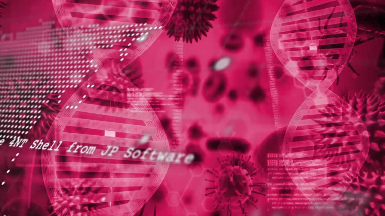 DNA strands and virus cells over red scientific background animation
