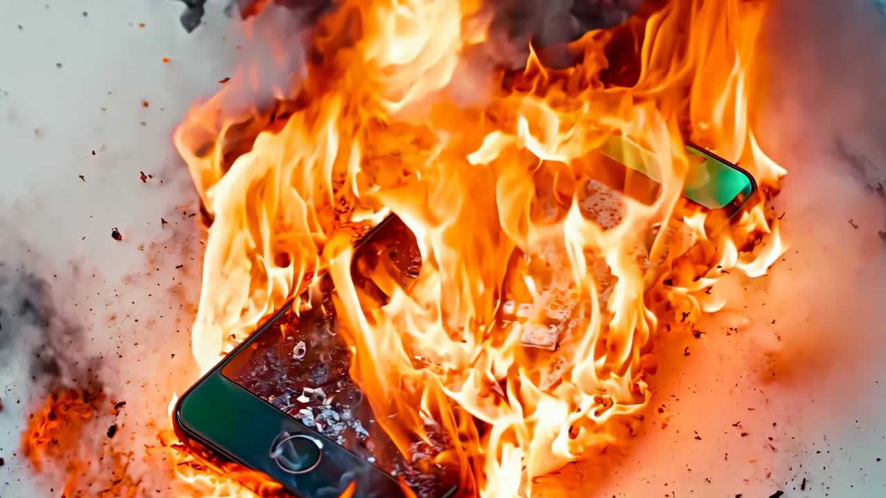 Um telefone celular em chamas em uma superfície branca