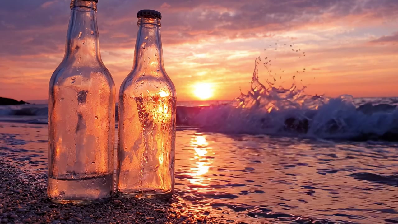 Affascinante riflesso del tramonto: due bottiglie di vetro su una spiaggia serena con i colori vivaci del crepuscolo e le dolci onde dell'oceano che creano un'atmosfera magica.