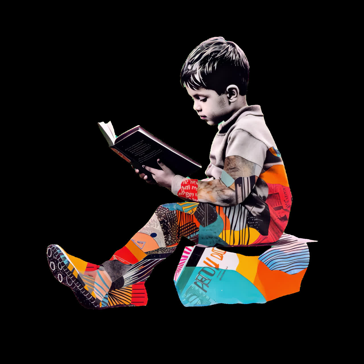 Colorful child reading collage animation isolated asset, transparent 4K video, alpha channel, ProRes