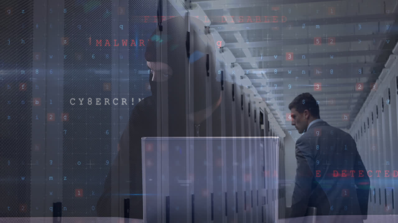 animación de advertencia de ataque cibernético sobre hacker y hombre caucásico en la sala del servidor