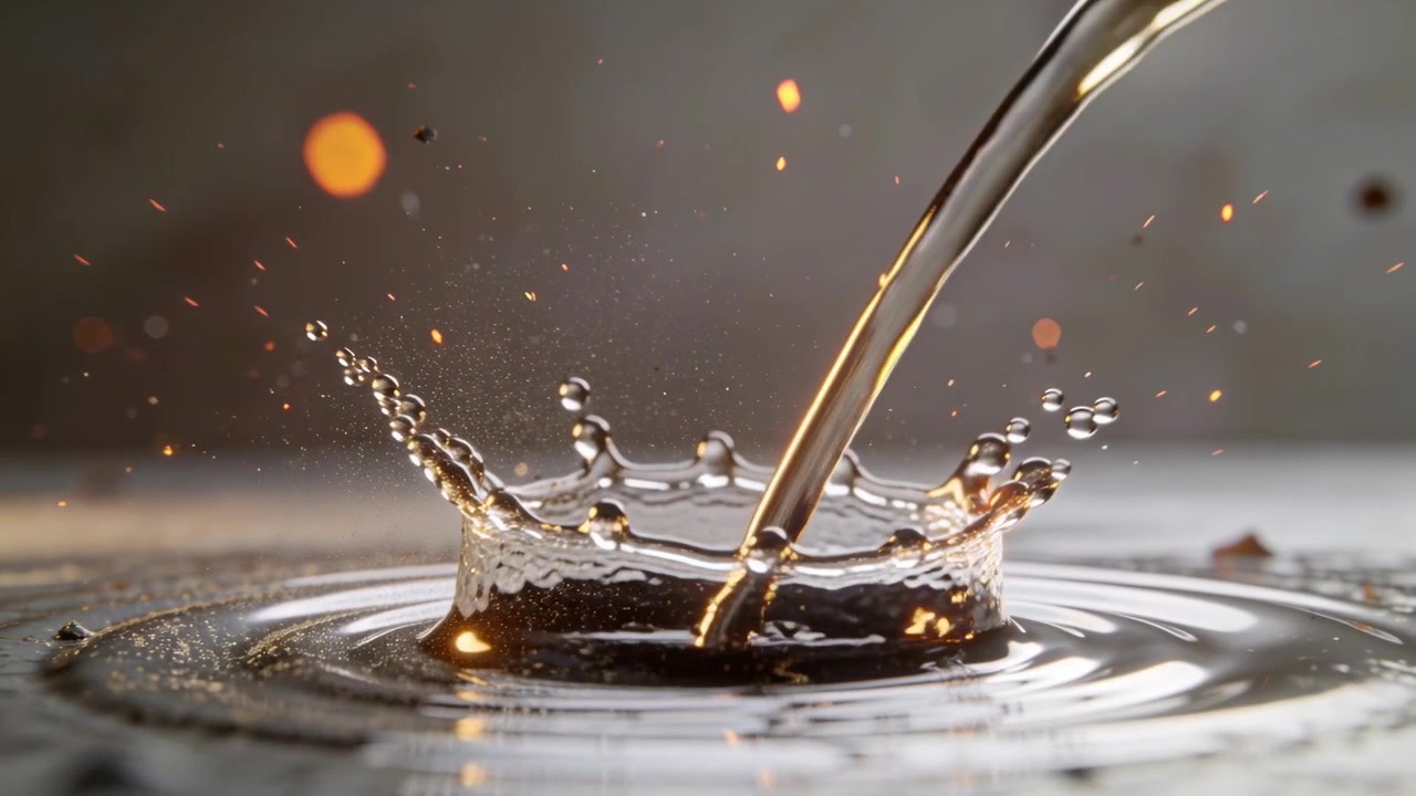 Pouring dark liquid stream forming crown and ejecting drops on studio tabletop, with orange sparks
