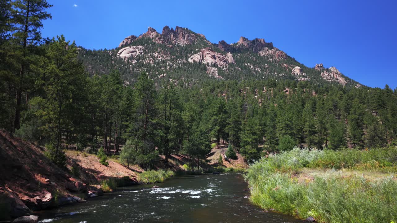 Summer Deckers Foxton North Fork South Platte River Conifer Pine Colorado Trail aerial drone Pike National Forest fly fishing destination Buffalo Creek Platte Canyon morning sunny blue sky