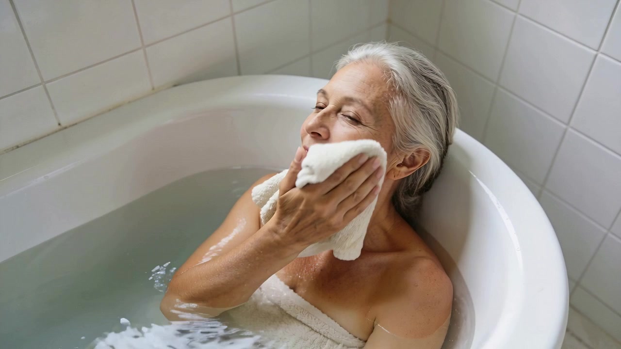 Leaning back senior woman drying face with white towel in tiled bathtub corner, towel around torso