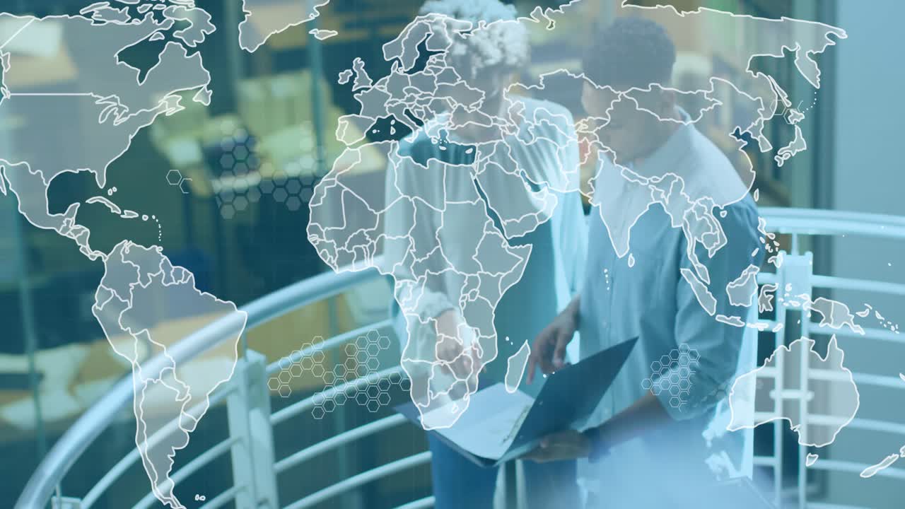 Business coworkers leaning at balcony, map overlay appearing and highlighting data for review