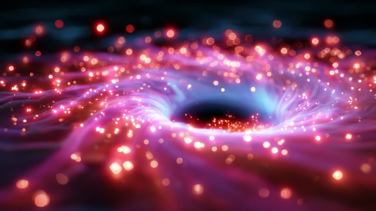 Un vortice cosmico ipnotico, ricco di colori turbinanti e particelle illuminate, che attira lo spettatore nelle sue profondità, illustrando la bellezza e il fascino delle formazioni celesti e dell'energia cosmica.