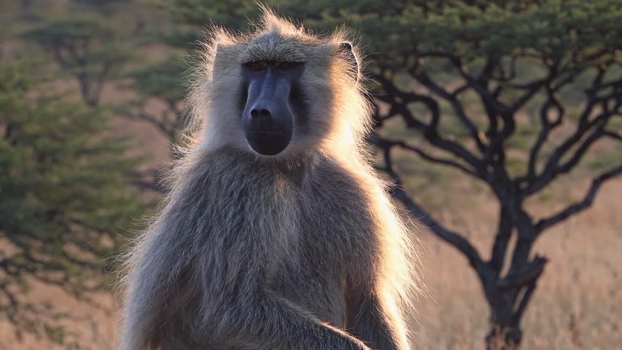Close-up video still of a baboon in natural habitat, captured at eye level