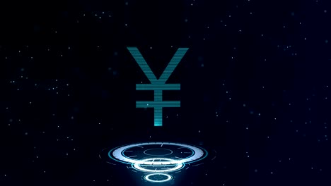 el signo del yen japonés en 3d. telón de fondo del ciberespacio azul espacial con conexiones a internet. la moneda del euro está en tres círculos virtuales brillantes. de cerca. 4k.