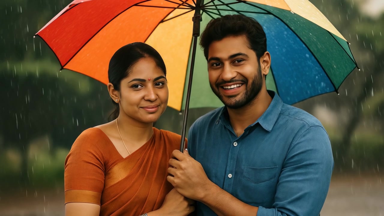 Happy Indian Couple Sharing a Colorful Umbrella in the Rain