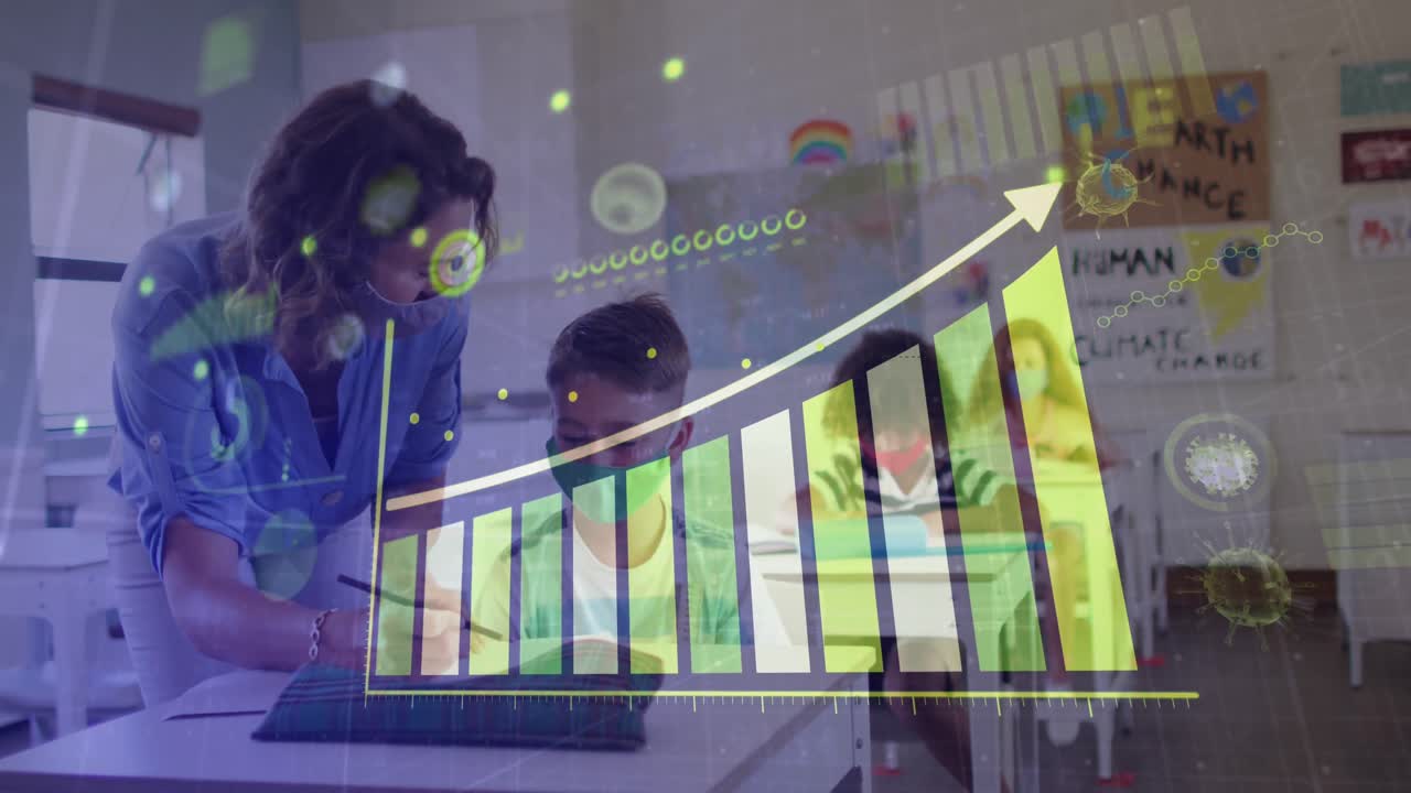 animación de estadísticas con el maestro y los niños en clase usando máscaras faciales