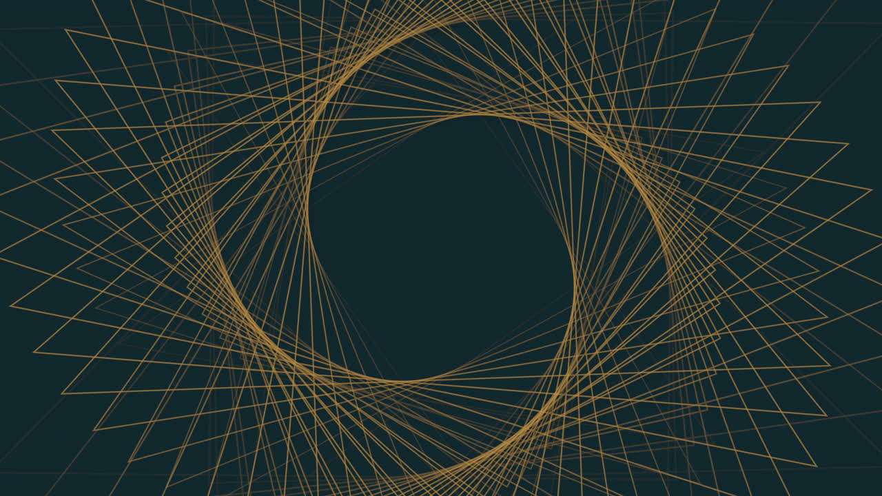 검은색 배경에 동적 황금 나선 모양의 추상적인 디자인과 떠다니는 선
