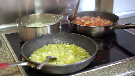 Kochen-Von-Djuvec-In-Einer-Pfanne,-Während-Weiße-Zwiebeln-Auf-Der-Anderen-Pfanne-Sautiert-Werden---Nahaufnahme