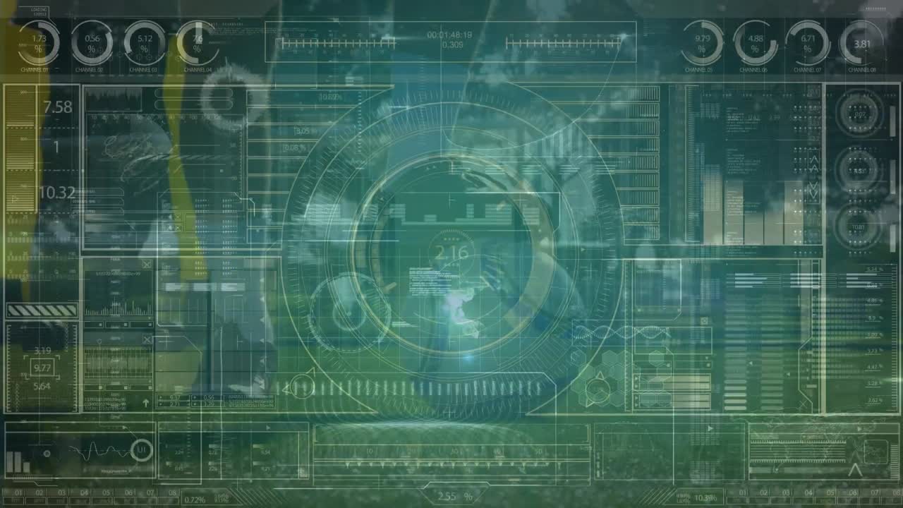 animación del procesamiento de datos sobre un jugador de fútbol caucásico en el estadio