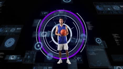 animation of caucasian male basketball player over scope scanning on black background