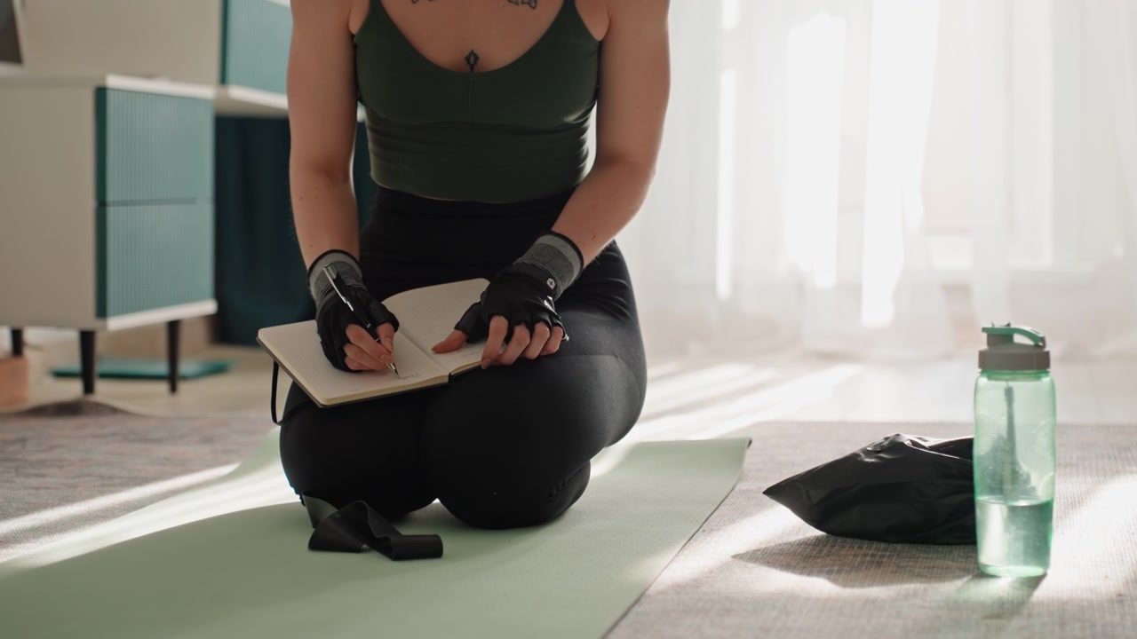 Woman kneeling on mat writing journal during home fitness session recording workout plan wearing gloves water bottle nearby living room interior morning sunlight focused preparation mindfulness