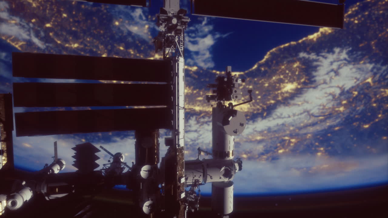 View of the international space station orbiting earth at twilight hour