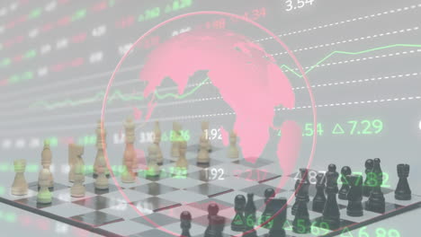 global financial data animation over chessboard with pieces in strategic positions