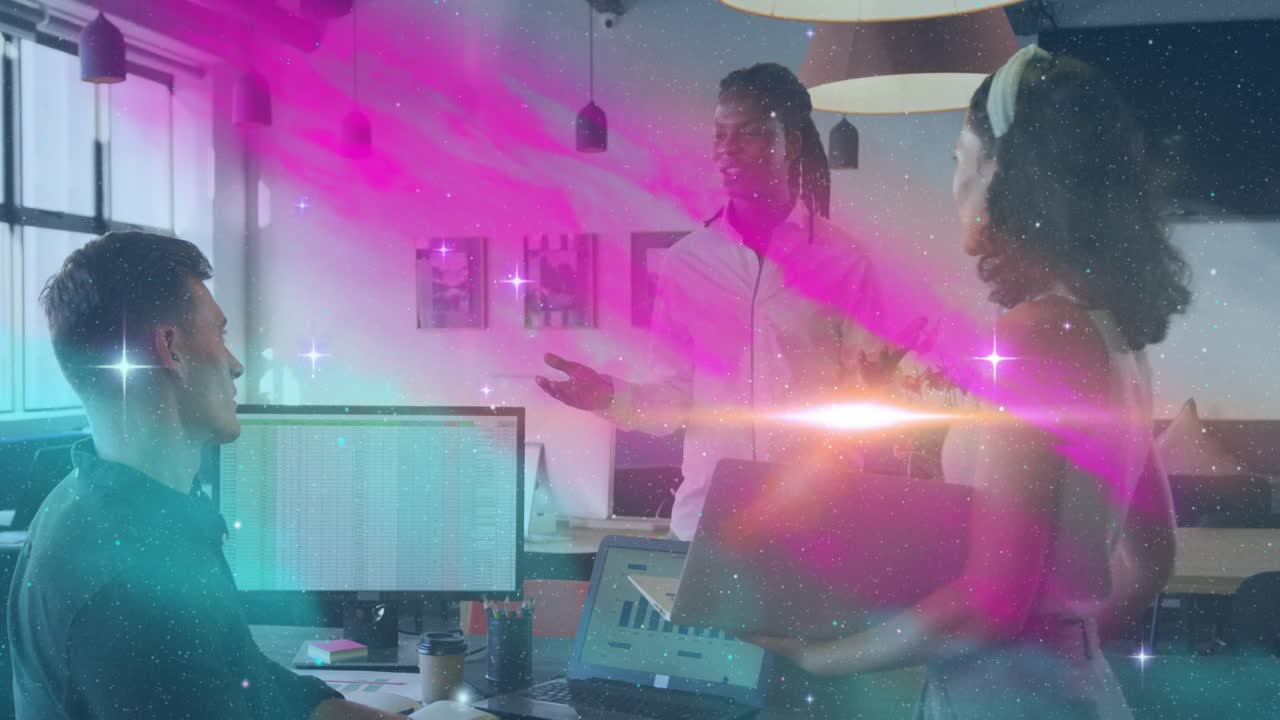 Presenter outlining business plan swirling pink light emerging across office and colleagues nodding
