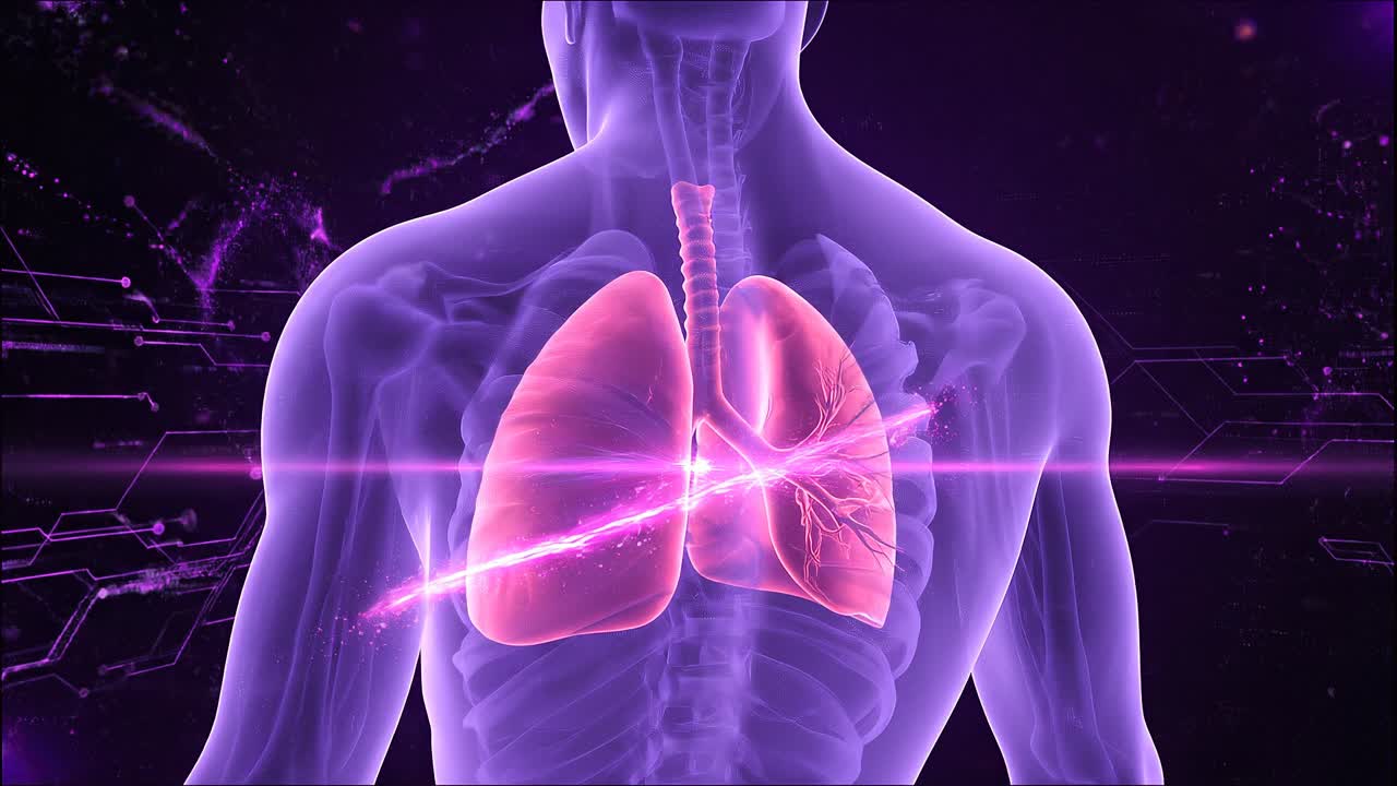 Polmoni umani evidenziati in rosa brillante con trachea e struttura bronchiale visibili, animazione dettagliata dell'anatomia respiratoria