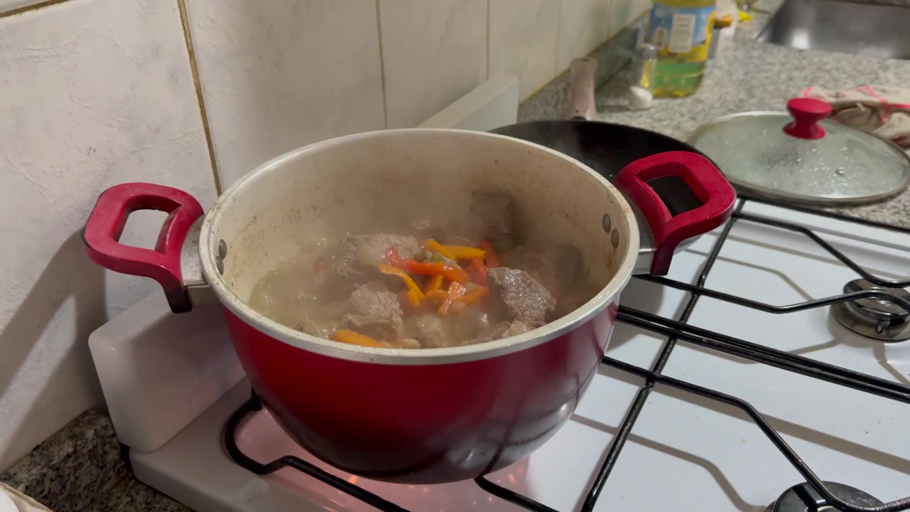 Adulto mayor con manos envejecidas y arrugadas preparando un guiso a fuego lento con verduras en una olla sobre la estufa de la cocina de casa.