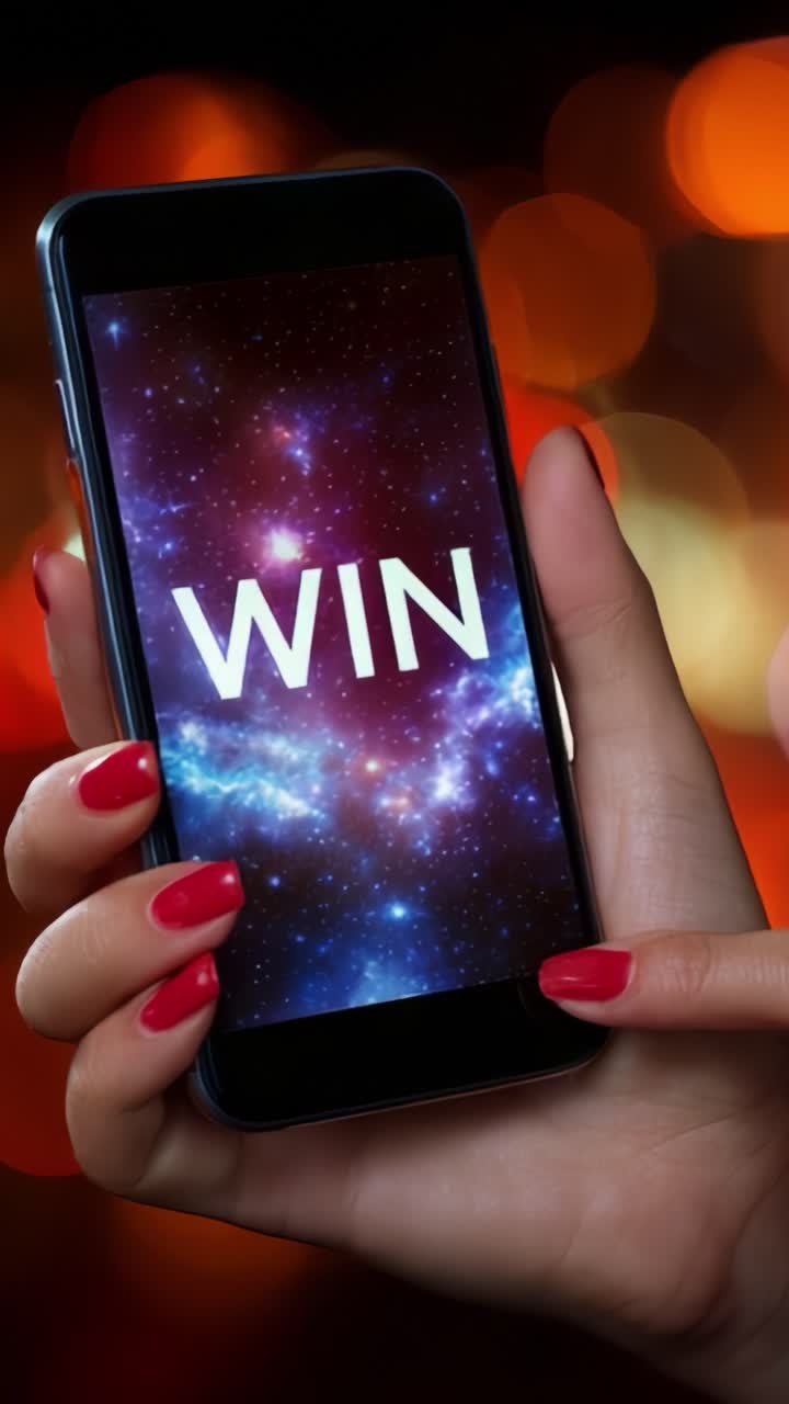 Una mano che tiene uno smartphone su cui appare la parola WIN su un accattivante sfondo cosmico di stelle e luci bokeh colorate, a simboleggiare il successo e il trionfo