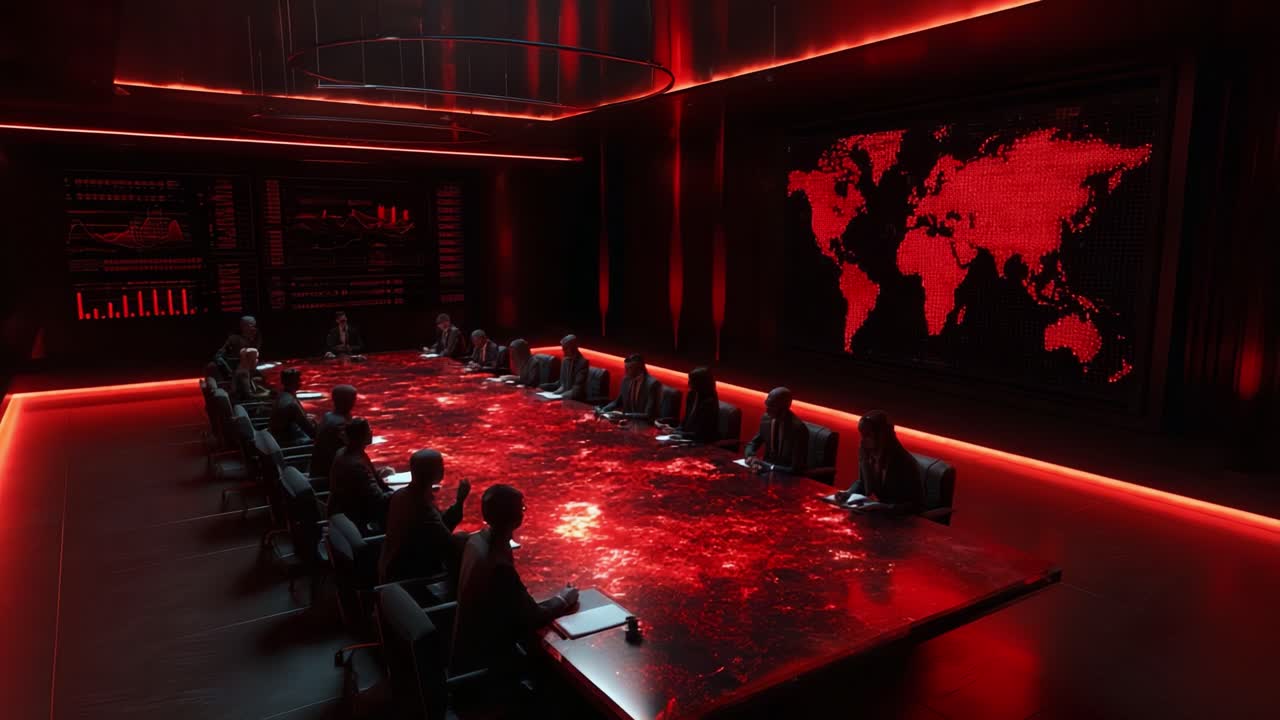 In a dimly lit futuristic boardroom bathed in red light, a large high-tech table covered in data displays a global map while men and women engage in serious discussions about corporate strategies