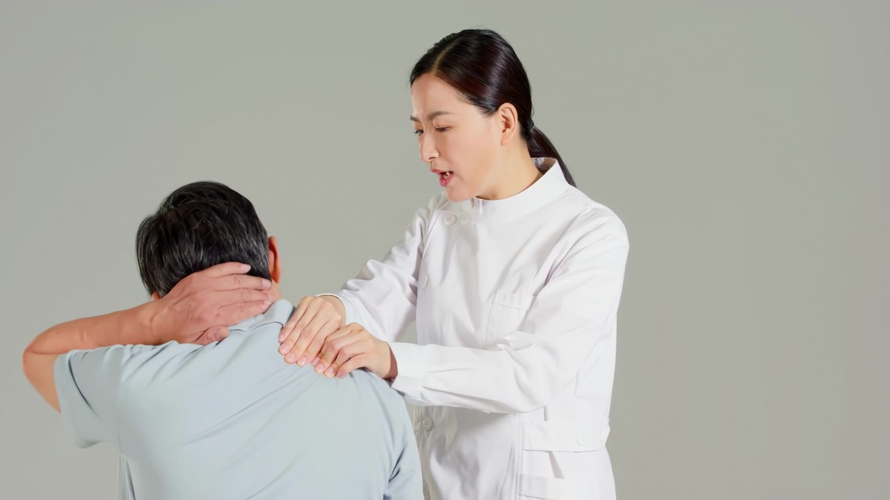 若い女性のマッサージ師兼整形外科医が、理学療法検査で高齢患者の肩、背中、首、脊椎を診察し、マッサージ理学療法とストレッチで治療している様子。