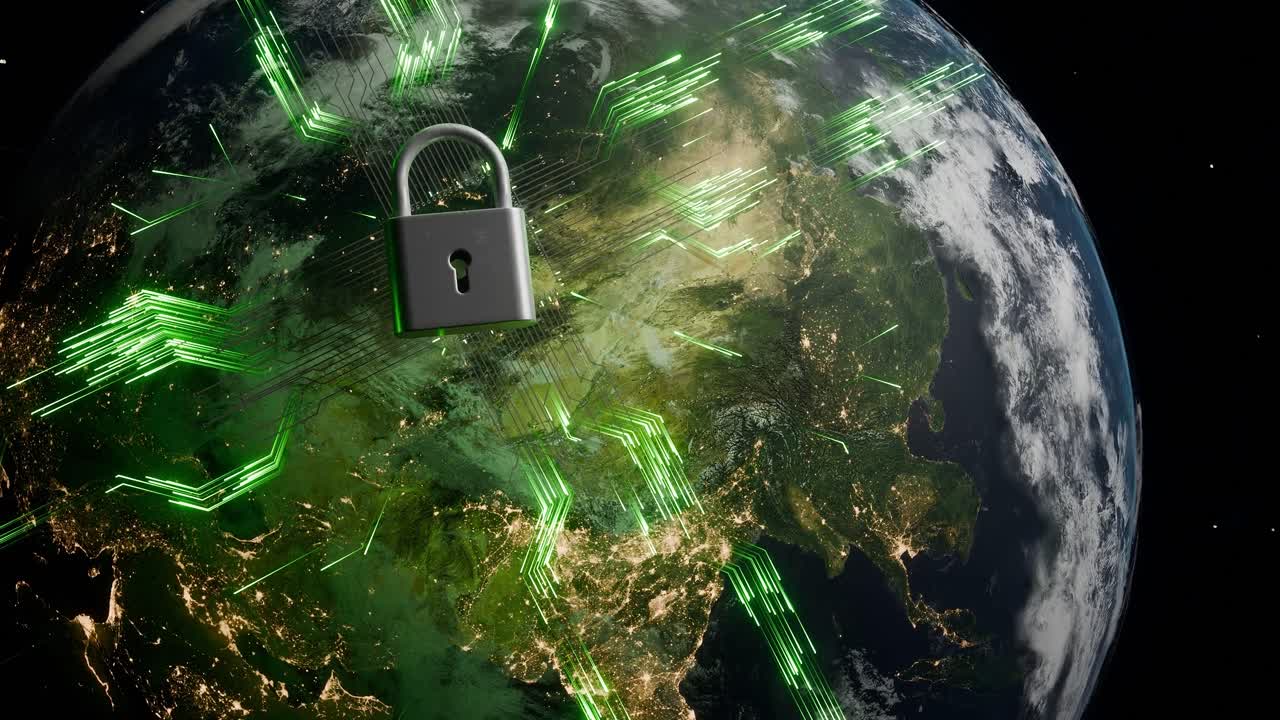 Asia view from space with cyber lock and green digital connections. Cybersecurity and information protection concept. Global network security visualization for poster and wallpaper