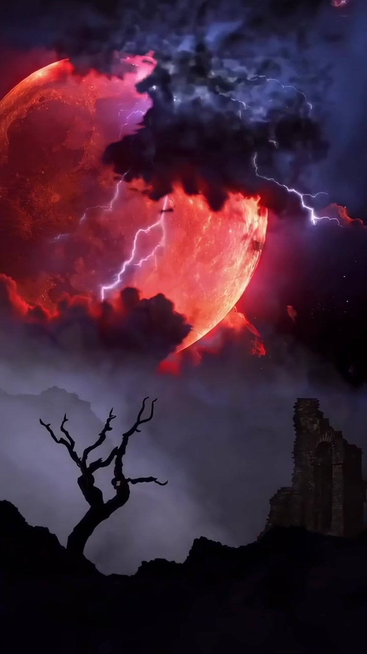 Eerie Red Moon Rising Over Dark Ruined Landscape