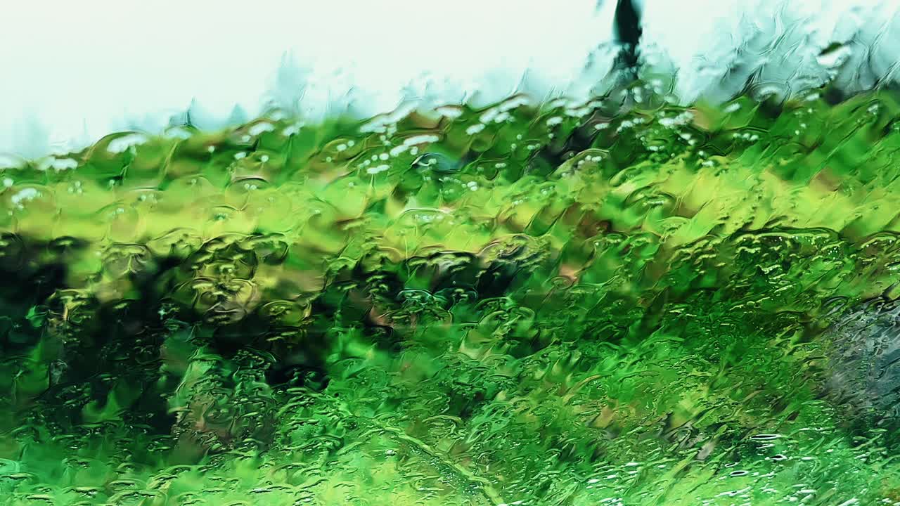 Abstract view of green landscape distorted by raindrops on glass during rainfall