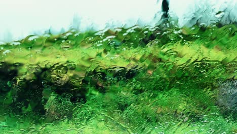 abstract view of green landscape distorted by raindrops on glass during rainfall