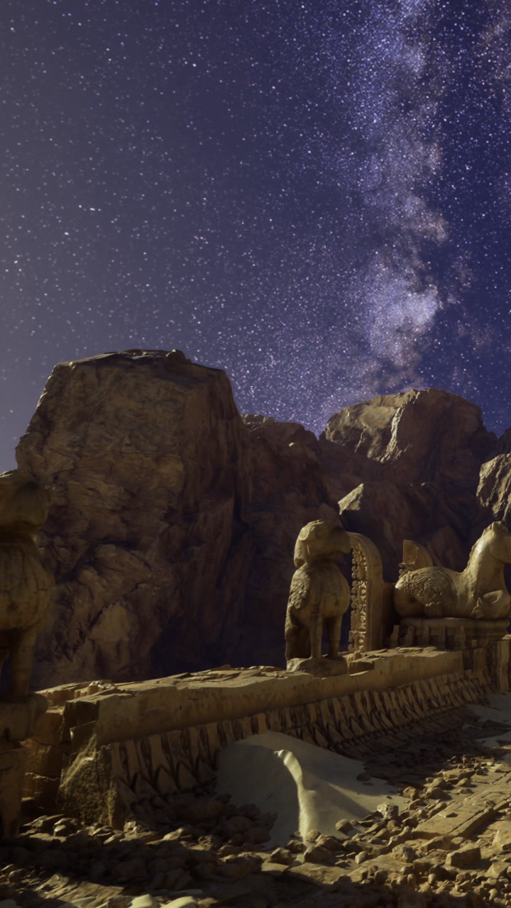 Night sky over ancient stone figures in desert landscape with mountains