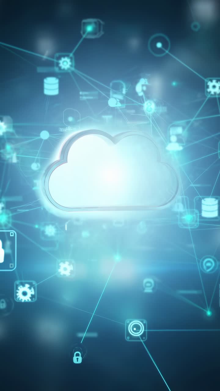 Aerial view of digital cloud network, showcasing tech icons and connections in a video style