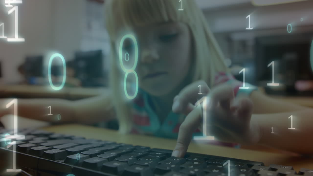 Animation of binary code over caucasian girl using computer at school